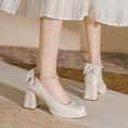 Women thick heeled one line buckle pearl bow beige high heels